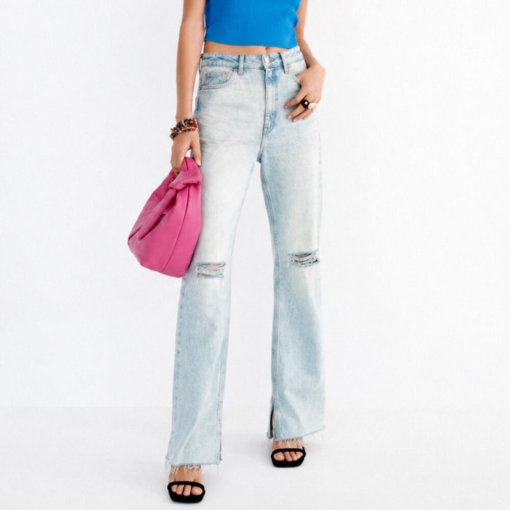 Zara Light Wash High Rise Distressed Split Hem Jeans Size 6